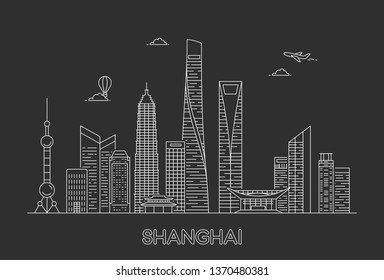 Shanghai city skyline. Vector line art illustration