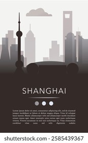 Shanghai city template for website, presentation, front page, invitation, publication sheet with skyline, landmarks. Vector China image layout, simple and grayscale