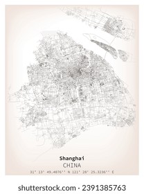 Shanghai city Urban Streets Roads Map, Printable Map of Shanghai China with detailed street , High-quality printable poster wall art for home or office.