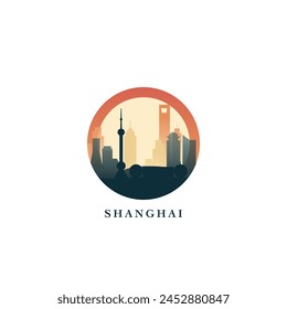 Shanghai cityscape, insignia de Vector degradado, logotipo plano del horizonte, icono. Idea de emblema redondo de la ciudad de China con Lugares famosos y siluetas de construcción. Gráfico aislado