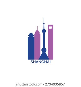 Shanghai cityscape, skyline, panoramic vector logo, icon, clipart. China city emblem contour with landmarks and buildings silhouettes