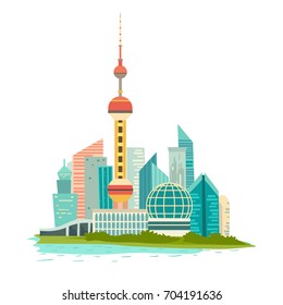 Icono vector del paisaje urbano de Shanghai. Fondo moderno y urbano chino, aislado en blanco. Construcción de edificios y torres