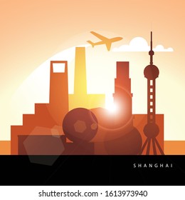 Shanghai colorful illustration, Detailed skyline with greatest landmarks. Travel to China concept.