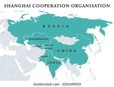 Shanghai Cooperation Organisation, SCO member states, political map. Eurasian political, economic and security organization. Largest regional organization in the world. Successor to the Shanghai Five.