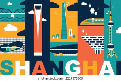 Shanghai culture travel set, video split screen, famous architecture in flat design. Business travel, tourism concept clipart. Image for presentation, banner, website, advert, flyer, roadmap, icon