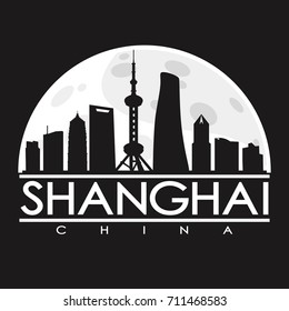 Shanghai Full Moon Night Skyline Silhouette Design City Vector Art Background Illustration.