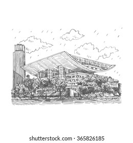 The Shanghai Grand Theatre. Shanghai, China. Vector freehand pencil sketch.
