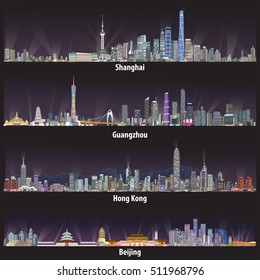 Shanghai, Guangzhou, Hong Kong and Beijing skylines at night vector illustrations