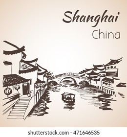 Shanghai hand drawn landscape. Isolated on white background