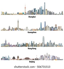 Abstrakte, hochdetaillierte Vektorgrafiken von Skylines aus Shanghai, Hongkong, Guangzhou und Peking