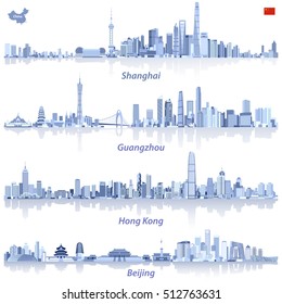 Vektorgrafiken von Skylines von Shanghai, Hongkong, Guangzhou und Peking in Blau mit Karte und Flagge Chinas