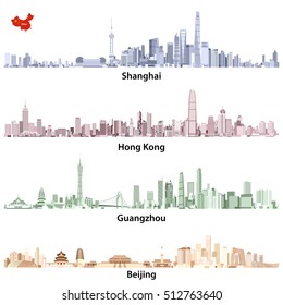 Abstrakte Vektorgrafiken von Skylines aus Shanghai, Hongkong, Guangzhou und Peking mit China-Karte