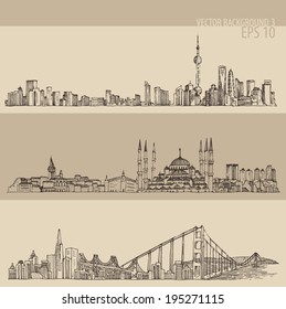 Shanghai, Istanbul, San Francisco, big city architecture, vintage engraved illustration, hand drawn, sketch