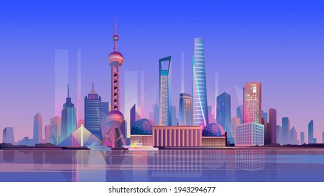 Shanghai landing page in flat cartoon style. Chinese night city panorama with skyscrapers, urban landscape. Business trip and travelling of famous landmarks. Vector illustration of web background