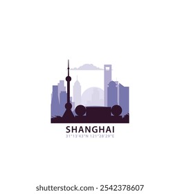 Logotipo de Shanghai con el horizonte, icono de Vector retro del paisaje urbano. Horizonte de la ciudad de China, fachada, logotipo del viaje