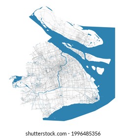 Shanghai map. Detailed map of Shanghai city administrative area. Cityscape panorama. Royalty free vector illustration. Outline map with highways, streets, rivers. Tourist decorative street map.