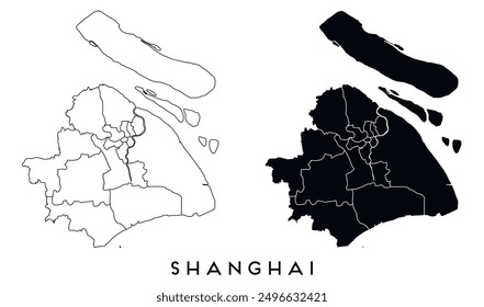 Shanghai map of regions districts vector black on white and outline