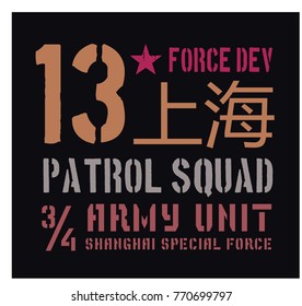 Shanghai military plate, realistic looking military typography. Shanghai written in chinese language also. For t-shirt, poster, print.