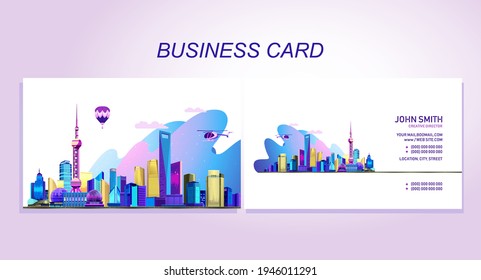 Shanghai, neon, building, card, business, china, asia, template, skyline, city, illuminated, bay, vector, shoreline, fog, name, design, company, architecture, corporate, big, cityscape, funky, layout,