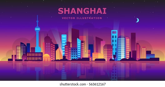 Shanghai at night, China .Vector illustration
