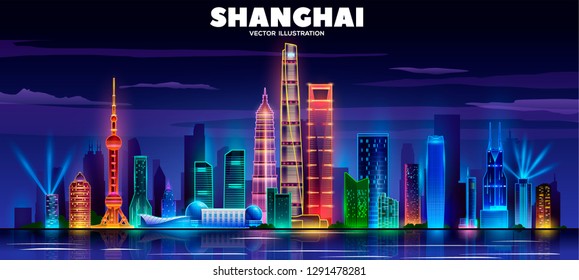 Shanghai night skyline on a black background. Flat vector illustration. Business travel and tourism concept with modern buildings. Image for banner or web site.