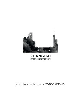 Shanghai panorama, vector badge, skyline logo and icon. China city horizon logotype with landmarks and building silhouettes. Isolated foggy abstract gradient graphic