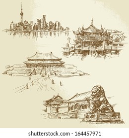 Shanghai, Peking - chinese heritage - hand drawn set