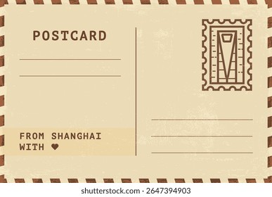 Do modelo de cartão postal de Xangai. Ilustração de cartão postal estilo vintage grungy vetor com selo, arranha-céu, marco, mensagem. Layout de imagem simples de saudações simples