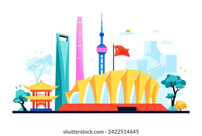 Shanghai public buildings - modern colored vector illustration with Oriental Sports Center, Pearl TV and Jin Mao Tower and world financial heart. Panorama of the street with iconic places idea