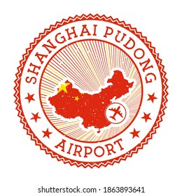 Shanghai Pudong Airport stamp. Airport logo vector illustration. Shanghai airport with country flag.