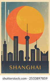 Cartel retro de la ciudad de Shanghai con Formas abstractas de horizonte, edificios. Ilustración vectorial de viaje vintage de China, paisaje urbano al amanecer, puesta del sol