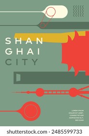 Shanghai silhouette, shanghai city poster design, shanghai skyline in flat colors, abstract shanghai china, skyline flyer