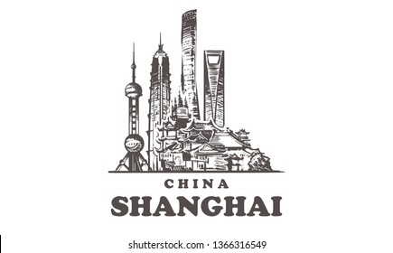 Skyline von Shanghai. China, Shanghai handgezeichnet Vektorgrafik. Einzeln auf weißem Hintergrund. 