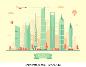 Shanghai skyline architecture, vector illustration with plane, cars and air balloon, flat design