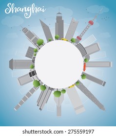 Shanghai skyline with blue sky and grey skyscrapers. Vector illustration with copy space. Business travel and tourism concept with place for text. Image for presentation, banner, placard and web site.