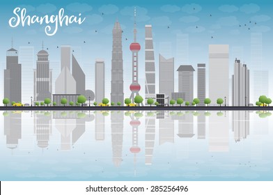 Shanghai skyline with blue sky, grey skyscrapers and reflections. Vector illustration. Business travel and tourism concept with place for text. Image for presentation, banner, placard and web site.