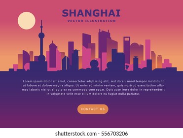 Shanghai skyline with buildings, sky and copy space. Business travel and tourism concept with place for text. Image for presentation, banner, placard and web site. Vector illustration