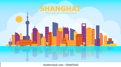 Shanghai skyline with buildings and sky. Vector illustration