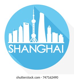 Shanghai Skyline Button Icon Round Flat Vector Art Design Color Background