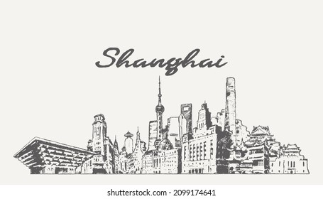 Shanghai skyline, China, hand drawn vector illustration, sketch