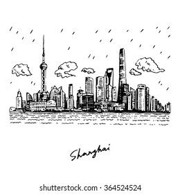 Shanghai skyline, China. Vector freehand pencil sketch.