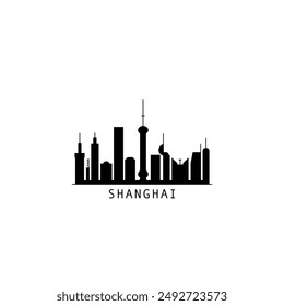 Shanghái skyline ciudad panorama Vector plano moderno logo, icono. Emblema del horizonte de la megápolis de China con Lugares famosos y siluetas de construcción. Gráfico aislado 