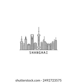 Shanghai skyline city panorama vector flat modern logo, icon. China metropolitan horizon emblem with landmarks and building silhouettes. Isolated thin line graphic