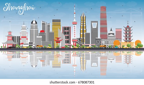 Shanghai Skyline with Color Buildings, Blue Sky and Reflections. Vector Illustration. Business Travel and Tourism Concept with Modern Architecture. Image for Presentation Banner Placard and Web Site