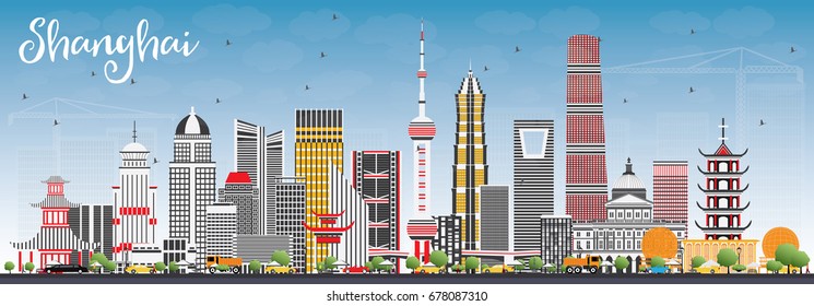 Shanghai Skyline with Color Buildings and Blue Sky. Vector Illustration. Business Travel and Tourism Concept with Modern Architecture. Image for Presentation Banner Placard and Web Site