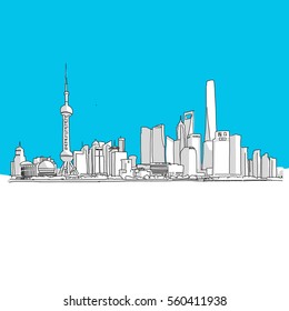 Shanghai Skyline Finance District, Hand-drawn Vector Drawing, Blue Series