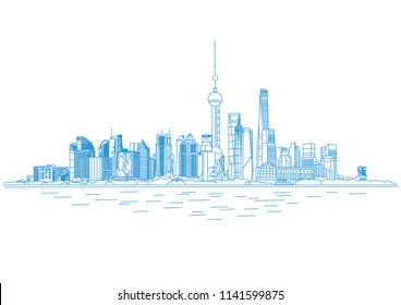 skyline shanghai, centro financiero shanghai, ilustración vectorial