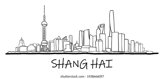 Shanghai Skyline Freehand Drawing Sketch On White Background. Vector Illustration.