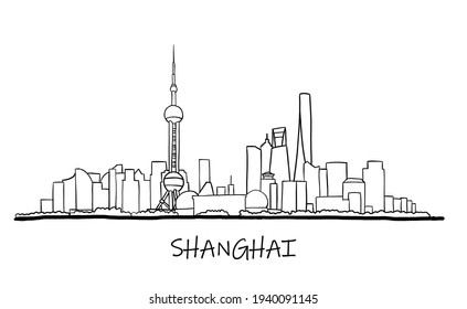 Shanghai Skyline Freehand Drawing Sketch On White Background. Vector Illustration.