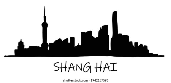 Shanghai Skyline Freehand Drawing Sketch On White Background.